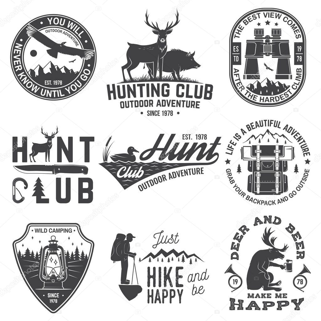 Set of hunting club and outdoor adventure quotes. Vector. Concept for shirt or logo, print, stamp or tee. Vintage design with backpack, binoculars, mountains, deer, tent, lantern and forest silhouette