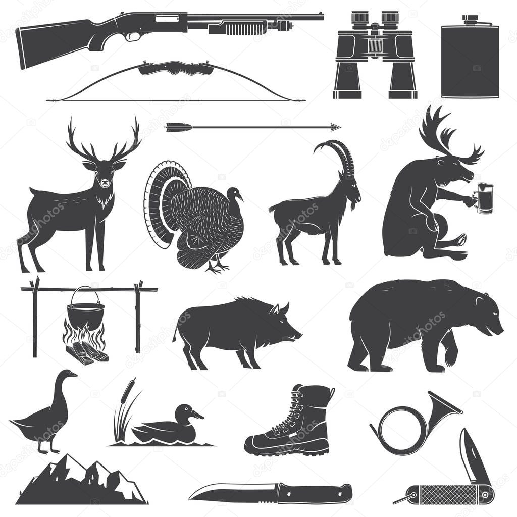 Set of Hunting equipment and animal icon silhouette. Vector. Set include deer, bear, boar, goat, turkey, duck, goose, hunter weapons, knife, mountains isolated on white.