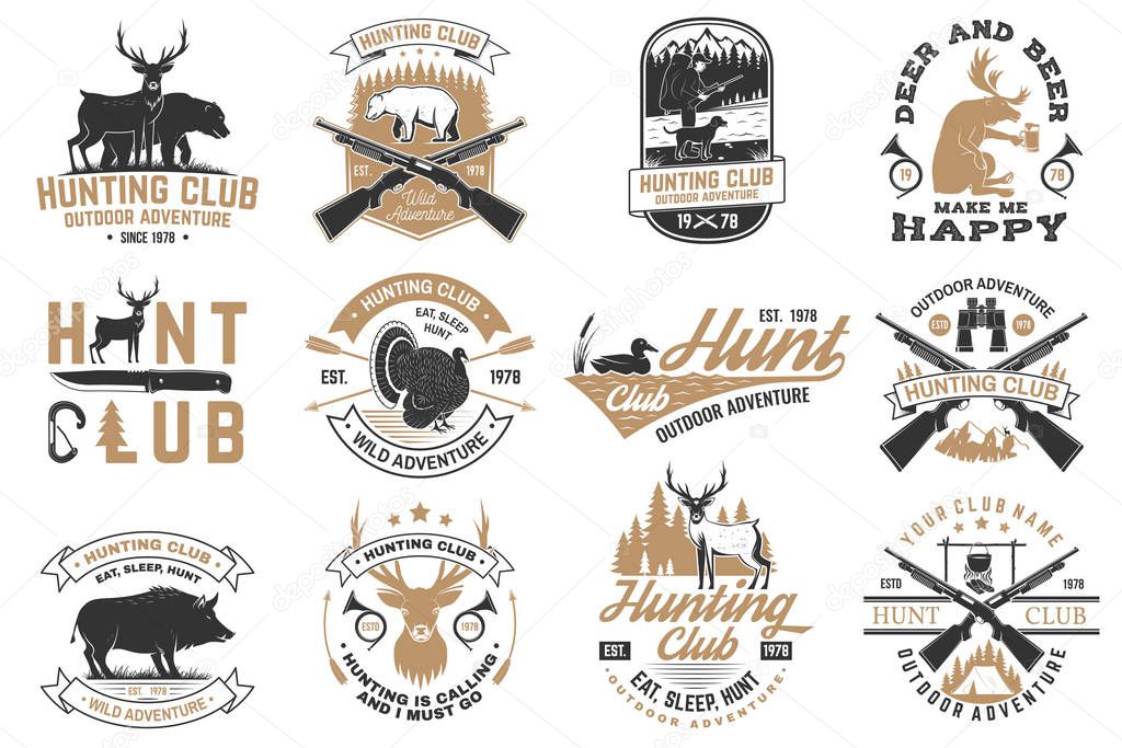 Set of Hunting club badge. Vector Concept for shirt, print, stamp. Vintage typography design with hunting gun, boar, hunter, bear, deer, mountains and forest. Outdoor adventure hunt club emblem