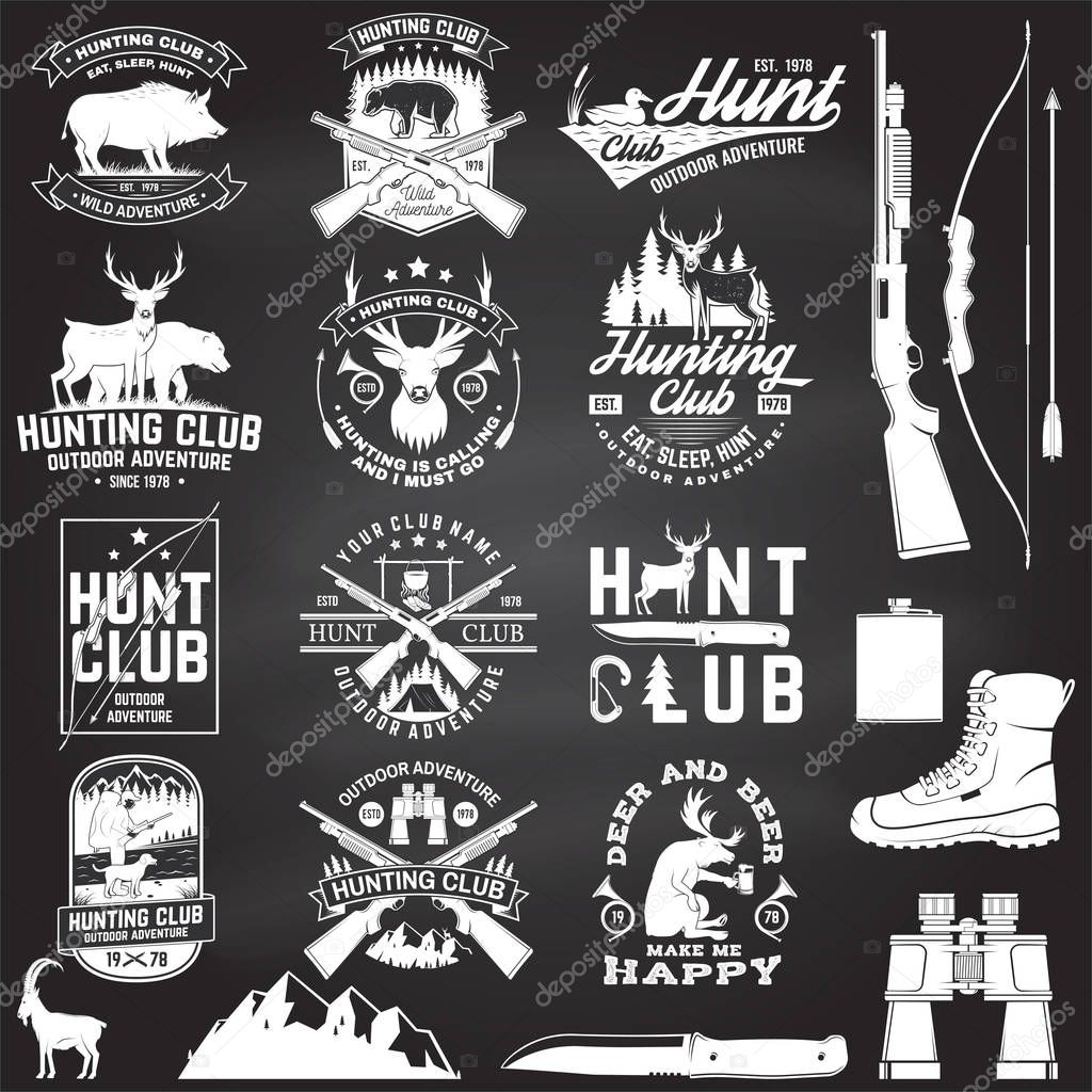 Set of Hunting club badge on the chalkboard. Vector Concept for shirt, label, print, stamp. Vintage typography design with hunting gun, boar, hunter, bear, deer, mountains and forest.