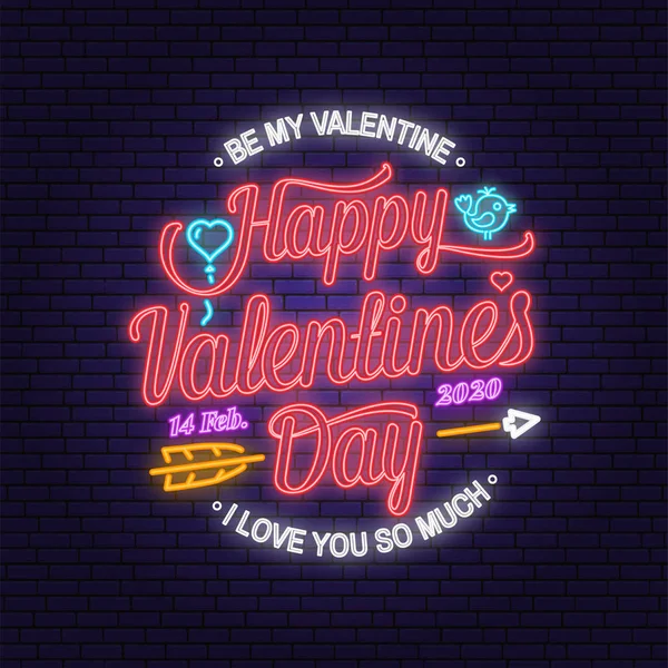 Happy Valentines Day neon greetings card, flyers, poster. Stamp, overlay, badge, sticker, card with birds, ballon and heart. Vector. Valentines Day neon bright signboard, light banner — 스톡 벡터
