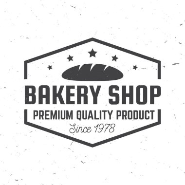 Fırın dükkanı. Vektör. Rozet, gömlek, etiket, pul ya da tişört konsepti. Ekmek, yazı ve siluetle tipografi tasarımı. Restoran kimlik nesneleri, ambalaj ve menü için şablon