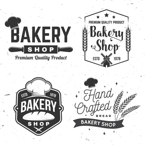 Set of Bakery shop badge. Vector Concept for badge, shirt, label, print, stamp, tee. Design with windmill, rolling pin, dough, wheat ears silhouette. For restaurant identity objects, packaging, menu — Stock Vector
