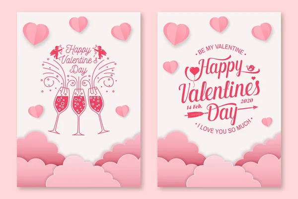 Set of Happy Valentines Day poster, greeting cards. Set invitation, posters, brochure, voucher, banners with clouds, bird, cupid, hearts. Vector. Design for Valentines Day. — Stock Vector