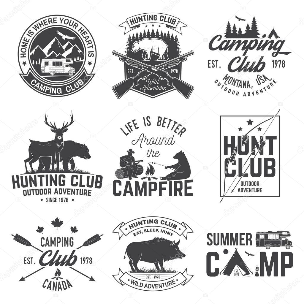 Set of hunting club and hiking club badge. Vector. Concept for shirt or logo, print, stamp. Vintage design with rv trailer, camping tent, boar, deer, bear and forest silhouette