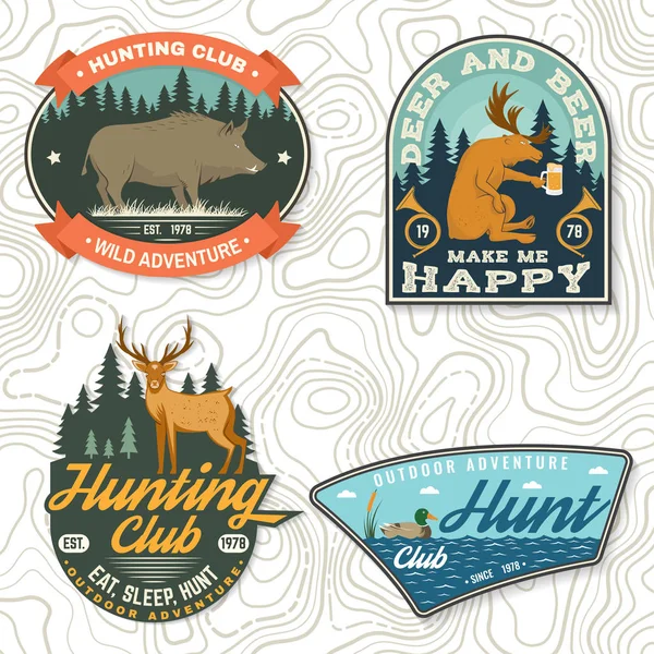 Set of Hunting club badge. Vector Concept for shirt, print, stamp. Vintage typography design with hunting gun, boar, hunter, bear, deer, duck and forest. Outdoor adventure hunt club emblem — Stock Vector
