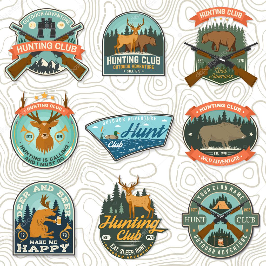 Set of Hunting club badge. Vector Concept for shirt, label, print, stamp, patch. Vintage typography design with hunting gun, boar, hunter, bear, deer, duck and forest. Outdoor hunt club emblem