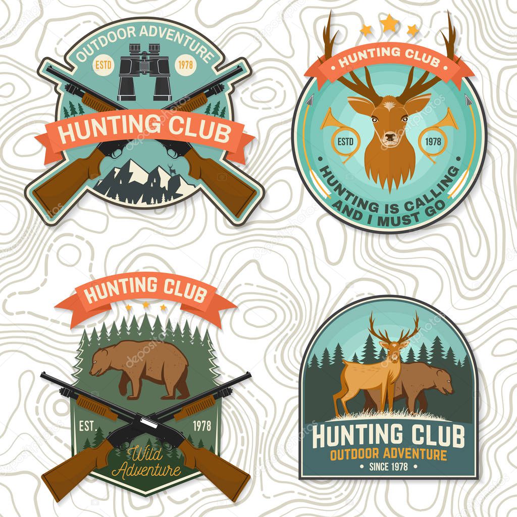 Set of Hunting club badge. Vector Concept for shirt, label, print, stamp, patch. Vintage typography design with hunting gun, boar, hunter, bear, deer, mountains and forest. Hunt club emblem