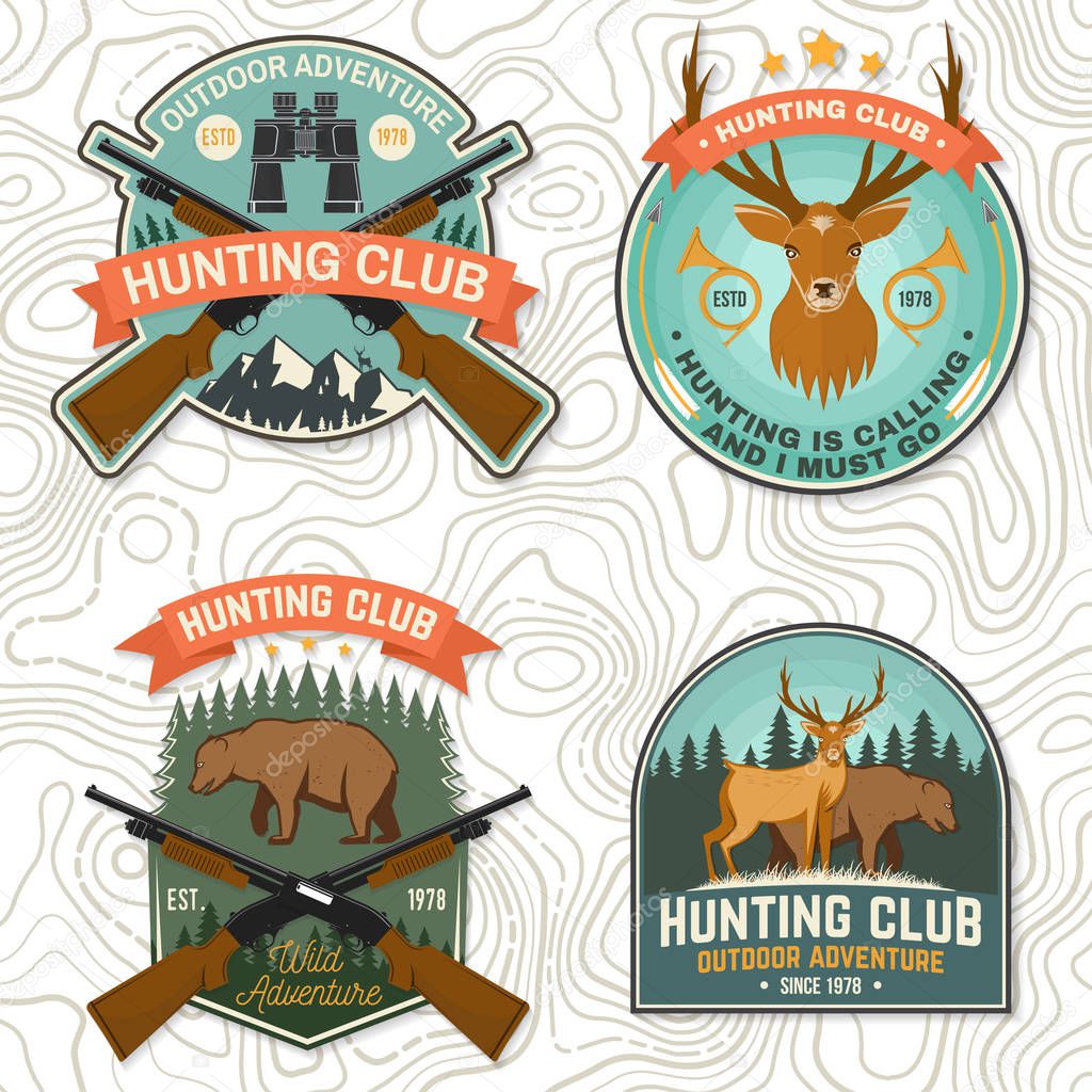 Set of Hunting club badge. Vector Concept for shirt, print, stamp. Vintage typography design with hunting gun, boar, hunter, bear, deer, mountains and forest. Outdoor adventure hunt club emblem