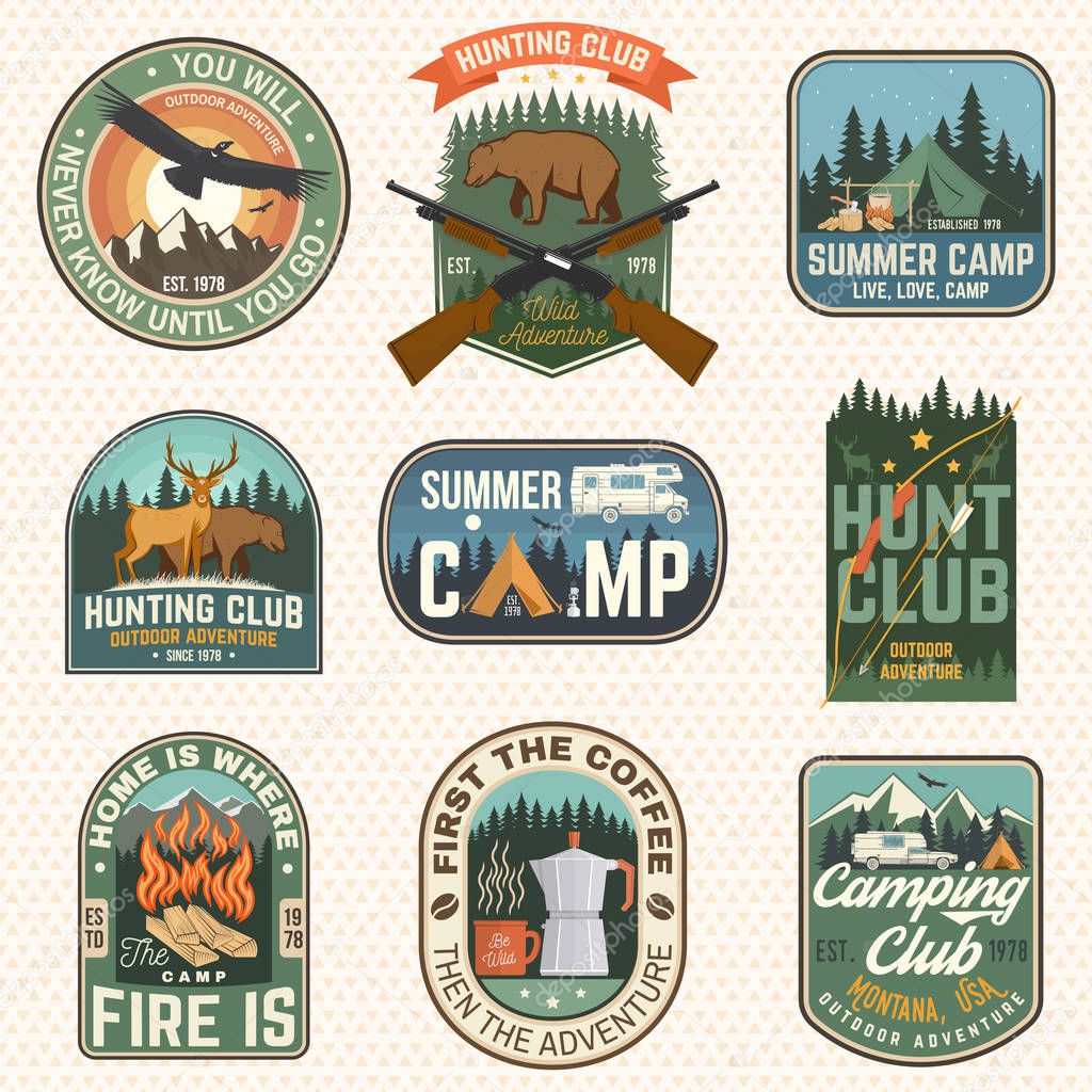 Set of hunting club and hiking club badge. Vector. Concept for shirt, logo, print, stamp. Vintage design with rv trailer, camping tent, boar, deer and forest silhouette