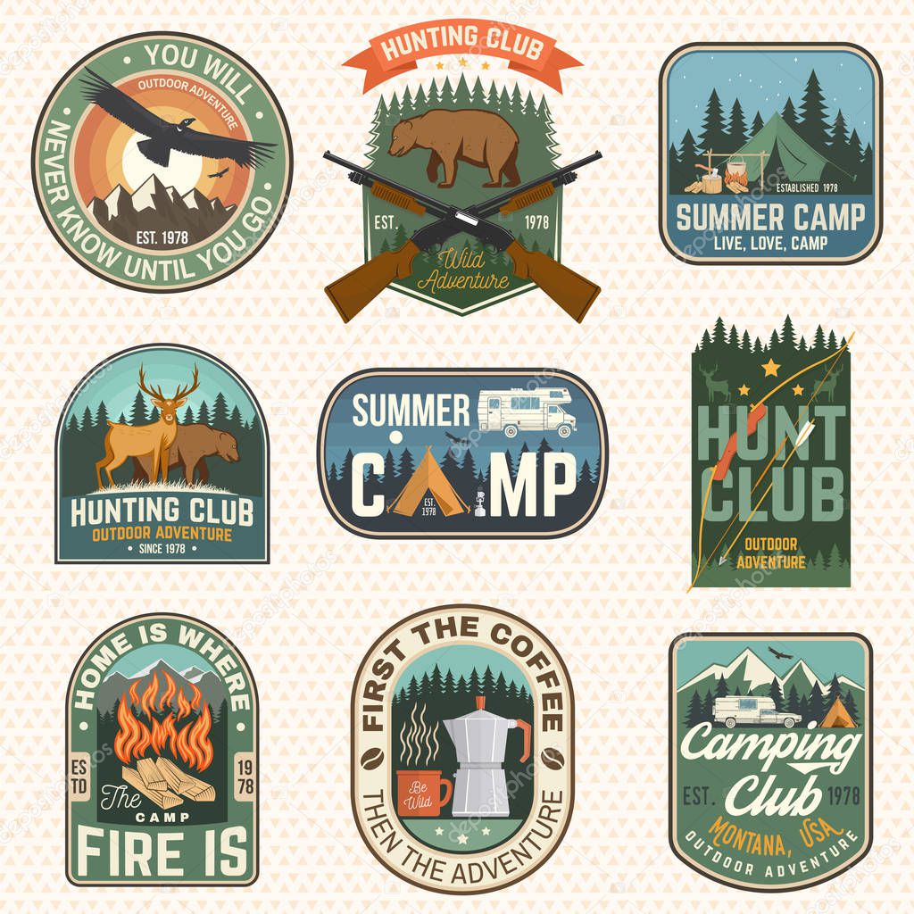 Set of hunting club and hiking club badge. Vector. Concept for shirt or logo, print, stamp, patch. Vintage design with rv trailer, camping tent, boar, deer, bear and forest silhouette
