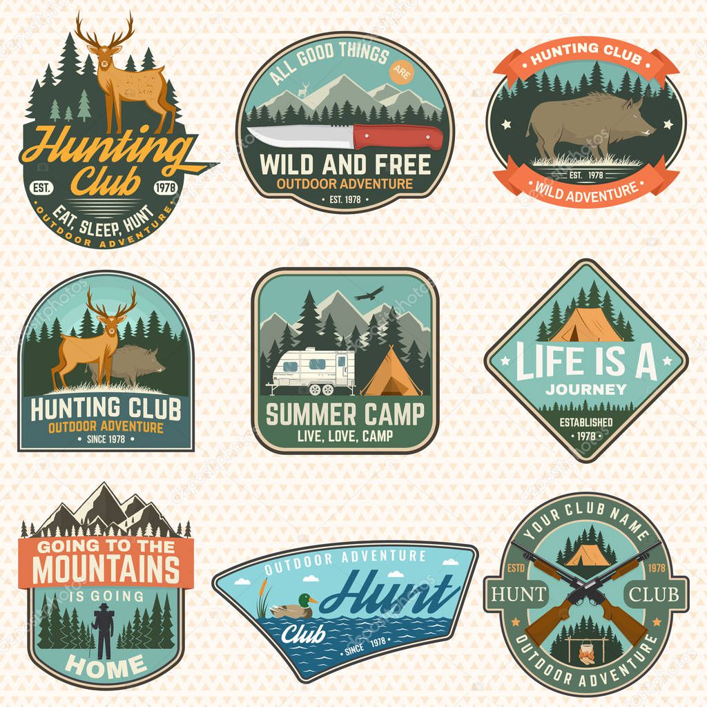 Set of hunting club and hiking club badge. Vector. Concept for shirt, logo, print, stamp. Vintage design with rv trailer, camping tent, boar, deer and forest silhouette