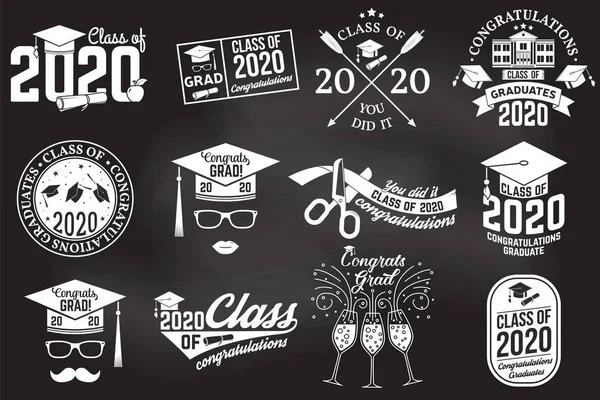 stock vector Set of Vector Class of 2020 badges on the chalkboard. Concept for shirt, print, seal, overlay, stamp, greeting, invitation card. Typography design- stock vector.