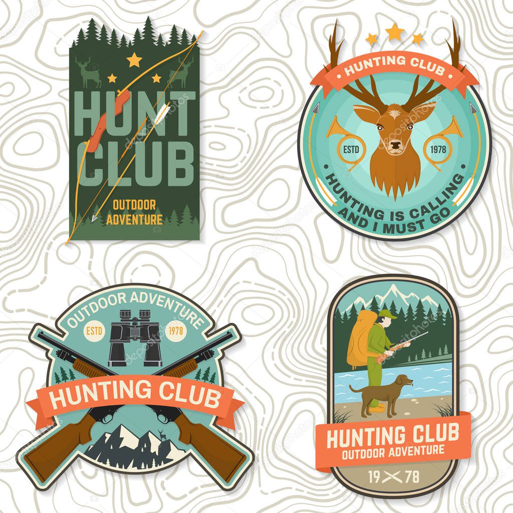 Set of Hunting club badge. Vector Concept for shirt, label, print, stamp, patch. Vintage typography design with hunting gun, boar, hunter, bear, deer, mountains and forest. Hunt club emblem