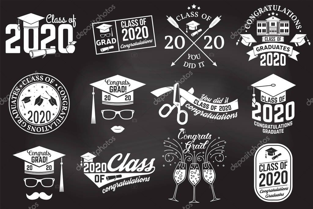 Set of Vector Class of 2020 badges on the chalkboard. Concept for shirt, print, seal, overlay, stamp, greeting, invitation card. Typography design- stock vector.