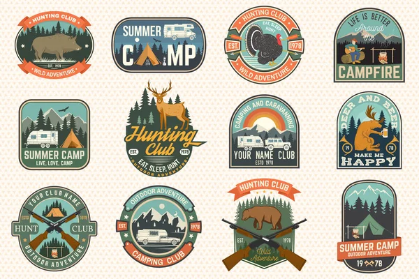 Summer camp and Hunting club patches. Vector. Concept for shirt or logo, print, stamp, patch. Patch design with rv trailer, camping tent, campfire, hunter, man with guitar and forest silhouette — Stock Vector