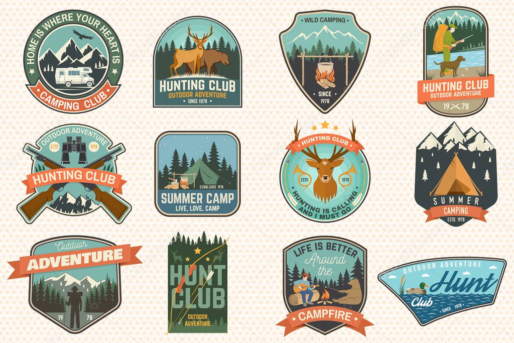 Summer camp and Hunting club patches.Vector. Concept for shirt or logo, print, stamp, patch. Patch typography design with rv trailer, camping tent, campfire, hunter, man with guitar, forest