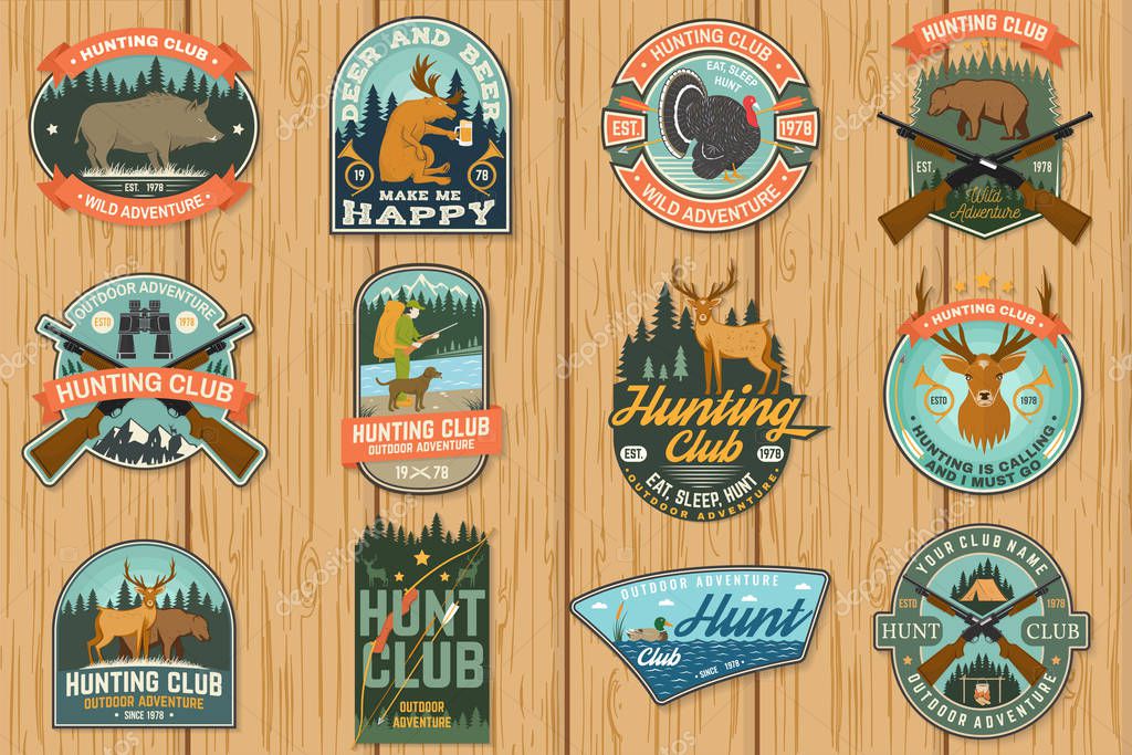 Set of Hunting club badge. Vector Concept for shirt, label, print, stamp, patch. Vintage typography design with hunting gun, boar, hunter, bear, deer, duck and forest. Outdoor hunt club emblem