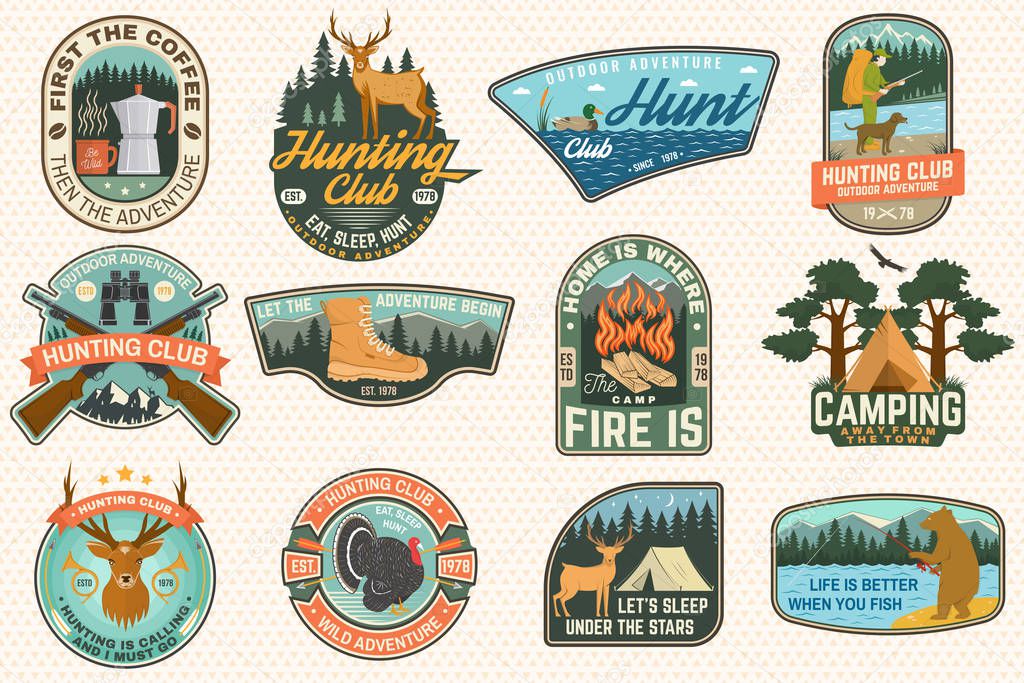 Set of outdoor adventure quotes and Hunting club patches. Vector. Concept for shirt, logo, print, patch. Patch design with hiking boots, mountains, fishing bear, deer, tent, hunter silhouette