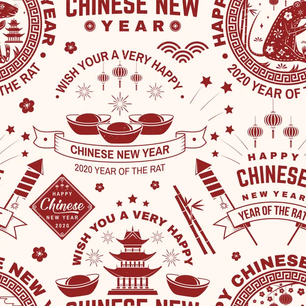 Feliz Año Nuevo Chino 2020 patrón o fondo sin costuras. Vector. Patrón sin costura de Año Nuevo chino con fuegos artificiales, petardo, rata, silueta de sakura . — Vector de stock