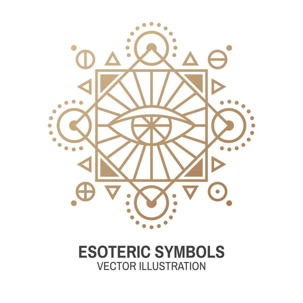 Esoteric symbols. Vector. Thin line geometric badge. Outline icon for alchemy or sacred geometry. Mystic and magic design with all-seeing eye. — Stock Vector