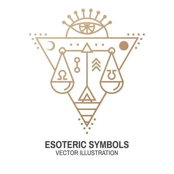 Esoteric symbols. Vector. Thin line geometric badge. Outline icon for alchemy or sacred geometry. Mystic and magic design with all-seeing eye and law scale. — Stock Vector