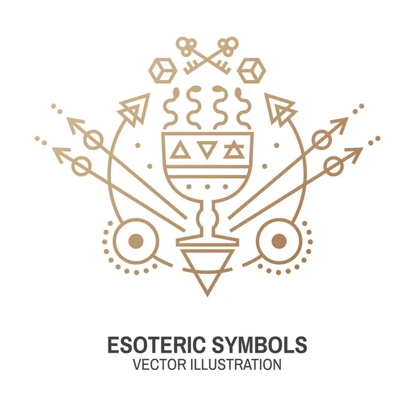 Esoteric symbols. Vector. Thin line geometric badge. Outline icon for alchemy or sacred geometry. Mystic and magic design with cup and snakes. — Stock Vector