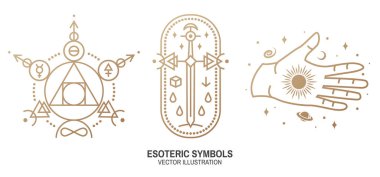 Esrarengiz semboller. Vektör. İnce çizgili geometrik rozet. Simya veya kutsal geometri için taslak simgesi. Filozof taşlı mistik ve sihirli tasarım, eski kılıç, el, yıldızlar, gezegenler ve ay.
