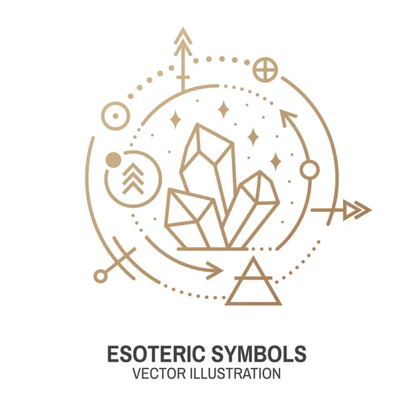 Esoteric symbols. Vector. Thin line geometric badge. Outline icon for alchemy or sacred geometry. Mystic and magic design with alchemy symbols and crystals. — Stock Vector