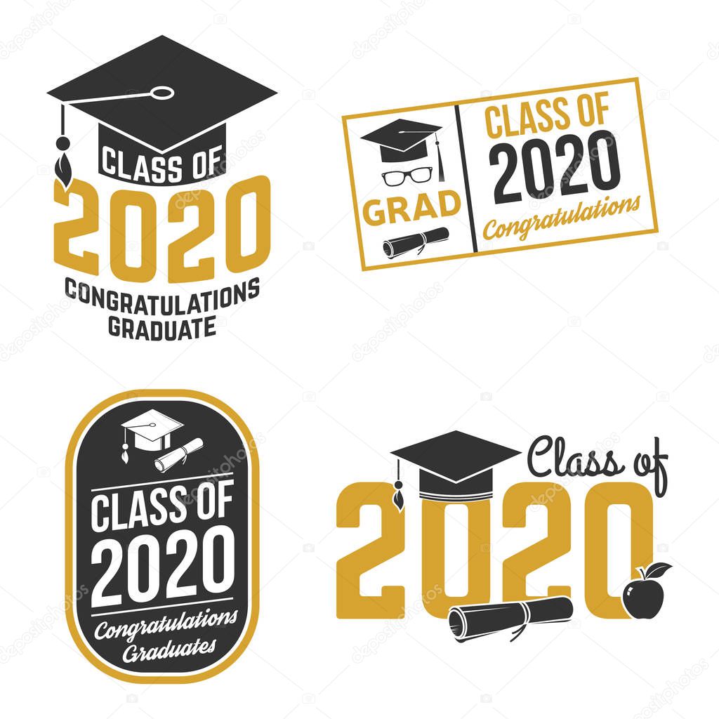 Set of Vector Class of 2020 badges. Concept for shirt, print, seal, overlay, stamp, greeting, invitation card. Typography design- stock vector.