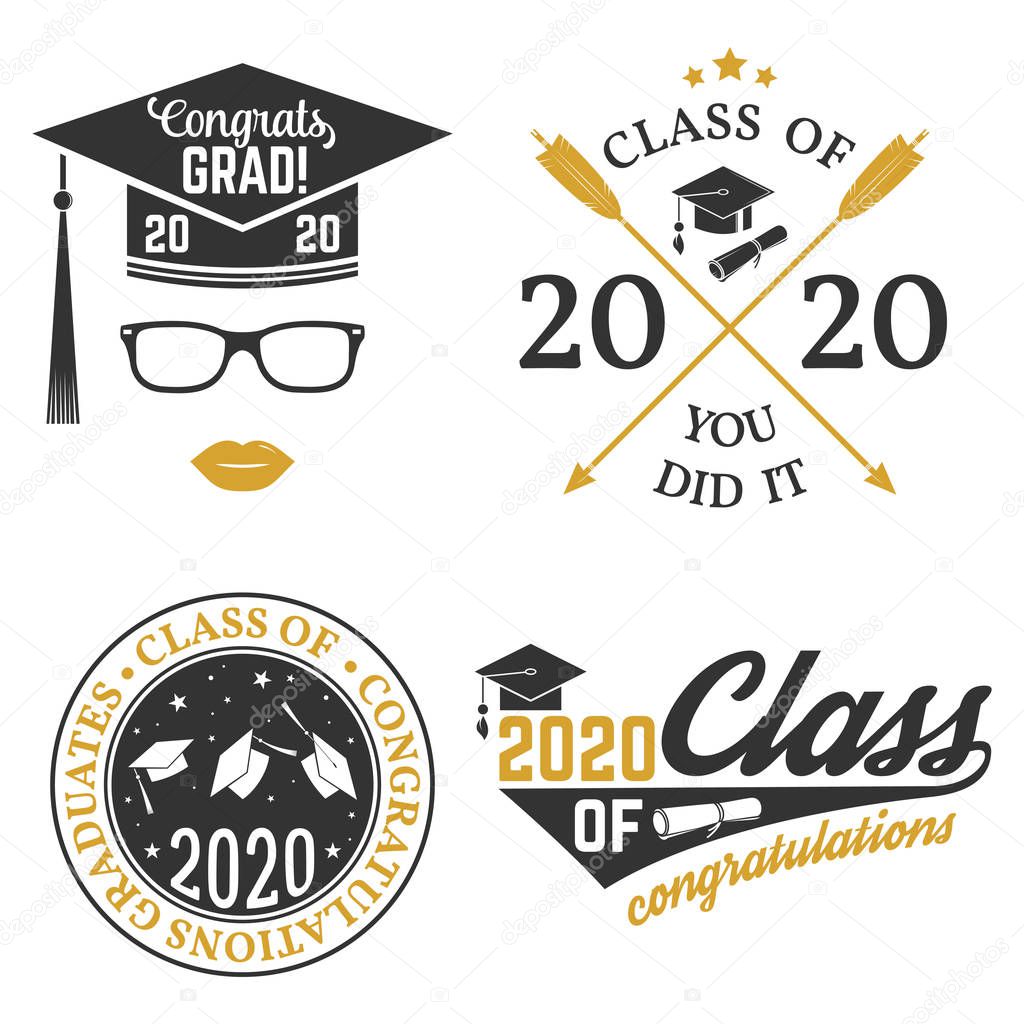 Set of Vector Class of 2020 badges. Concept for shirt, print, seal, overlay, stamp, greeting, invitation card. Typography design- stock vector.