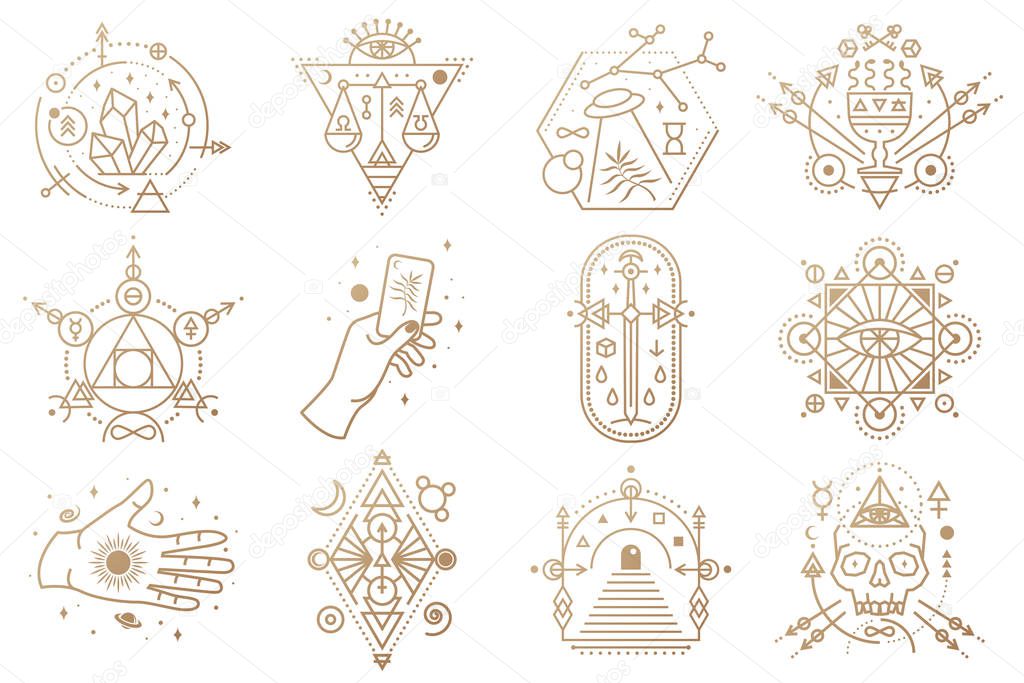 Esoteric symbols. Vector. Thin line geometric badge. Outline icon for alchemy, sacred geometry. Mystic and magic design with crystals, sun, ufo flying, stars, gate to another world and moon.