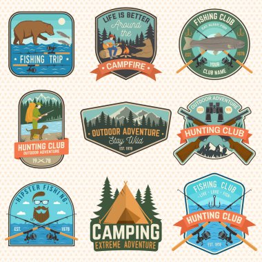 Set of hunting and fishing club patches. Vector. Concept for shirt, logo, stamp, patch. Vintage design with hunter with a dog, fish rod, rainbow trout, hook, bear and forest silhouette