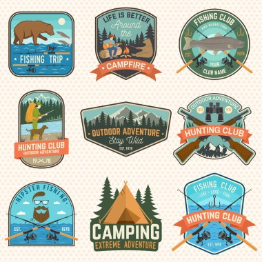 Set of hunting and fishing club patches. Vector. Concept for shirt, logo, stamp, patch. Vintage design with hunter with a dog, fish rod, rainbow trout, hook, bear and forest silhouette