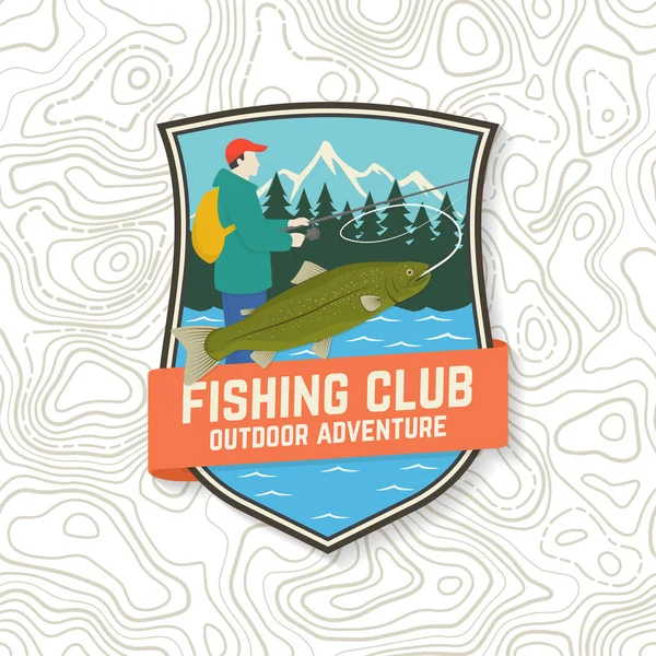 Fishing club patch. Vector. Concept for shirt or logo, print, stamp, tee, patch. Vintage typography design with Fisherman, river and mountain silhouette. — 图库矢量图片