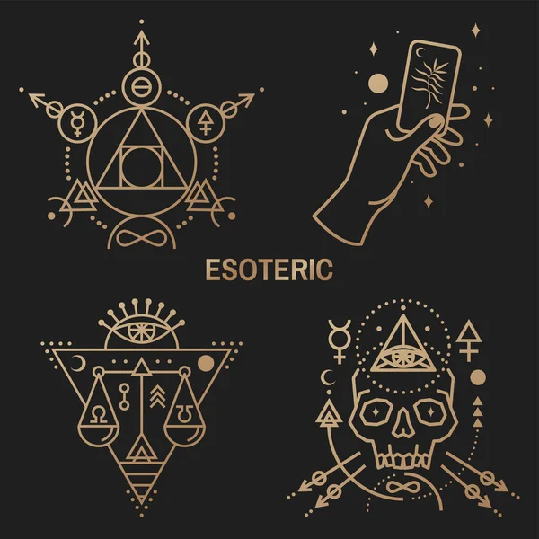 Gold esoteric symbols. Vector. Thin line geometric badge. Outline icon for alchemy or sacred geometry. Mystic and magic design with philosopher stone, hand, skull and law scale. — Stok Vektör