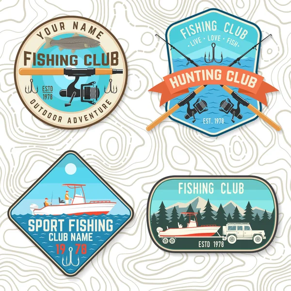 Set of fishing club patch. Live, love, fish. Vector. Concept for shirt or logo, print, stamp, tee, patch. Vintage typography design with fish rod, rainbow trout and hook silhouette. — Stock Vector