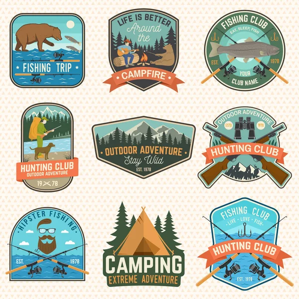 Set of hunting and fishing club patches. Vector. Concept for shirt, logo, stamp, patch. Vintage design with hunter with a dog, fish rod, rainbow trout, hook, bear and forest silhouette — Stok Vektör