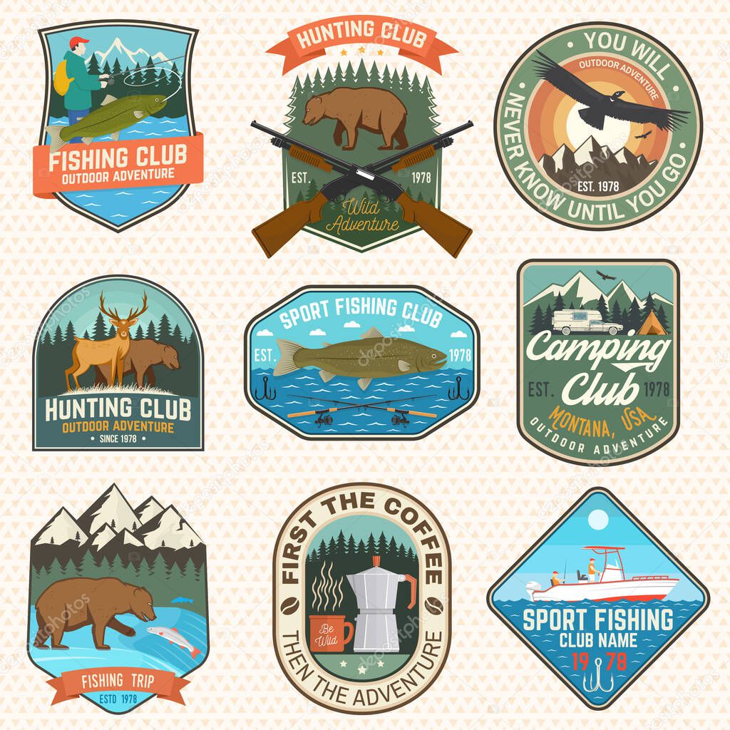 Set of hunting and fishing club patches. Vector illustration. Concept for shirt, logo, stamp, patch. Vintage design with fisherman, fish rod, rainbow trout, hook, deer, bear and forest silhouette