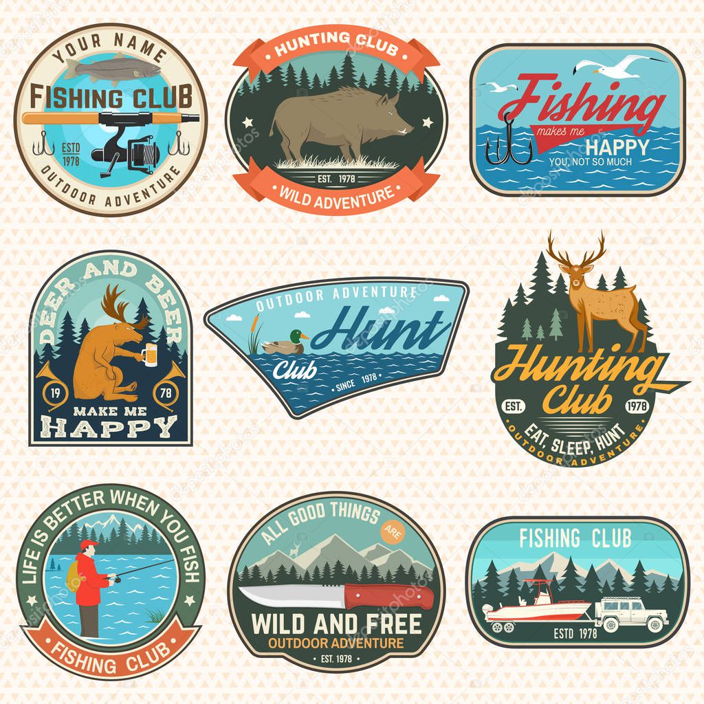 Set of hunting and fishing club patches. Vector illustration. Concept for shirt, logo, stamp, patch. Vintage design with fisherman, fish rod, rainbow trout, hook, deer, bear and forest silhouette