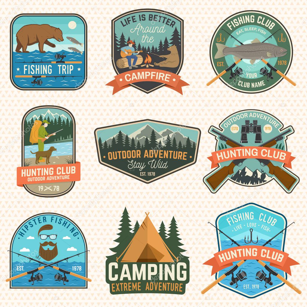 Set of hunting and fishing club patches. Vector illustration. Concept for shirt, logo, stamp, patch. Vintage design with hunter with a dog, fish rod, rainbow trout, hook, bear and forest silhouette