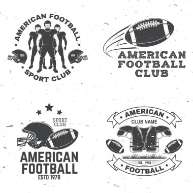 Amerikan futbolu ya da ragbi takımı rozeti. Gömlek, logo, iz, pul, yama için vektör. Amerikan futbolcusu, kask, top, çimen ve omuz yastığı ile klasik tasarım.