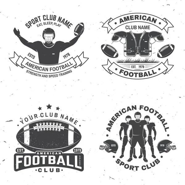 Set von American Football oder Rugby Club Abzeichen. Vektor für Hemd, Logo, Druck, Stempel, Aufnäher. Vintage-Design mit American Football Sportler Spieler, Helm, Ball und Schulterpolster Silhouette — Stockvektor