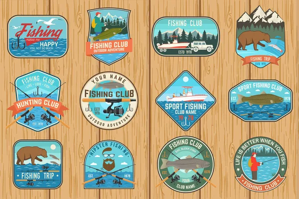 Set of hunting and fishing club patches. Vector illustration. Concept for  shirt, logo, stamp, patch. Vintage design with fisherman, fish rod, rainbow  trout, hook, deer, bear and forest silhouette Stock Vector Image