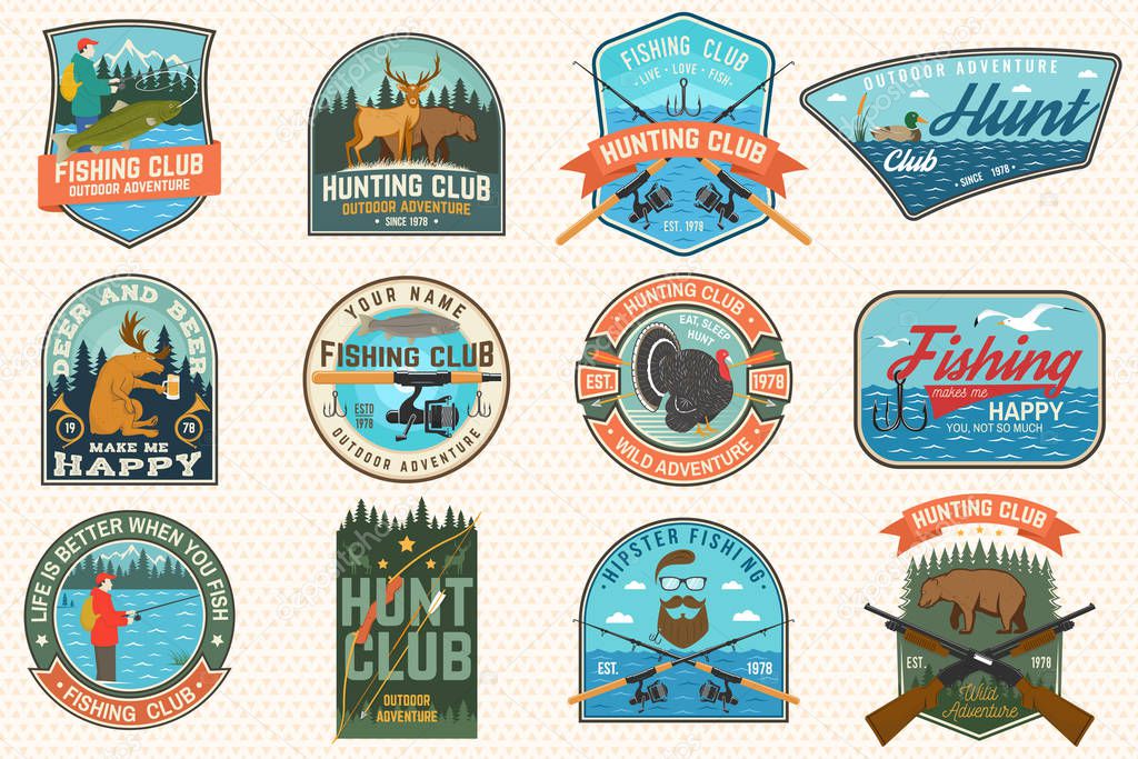 Set of Fishing and Hunting club patches. Vector Concept for shirt, print, stamp, patch. Patches with hunting gun, hunter, fish rod, fisher, river, forest. Outdoor fishing and hunting club emblem