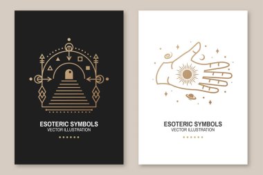 Gold esoteric symbols. Vector. Thin line geometric badge. Outline icon for alchemy or sacred geometry. Mystic, magic design with all-seeing eye, hand, star, gate to another world, moon