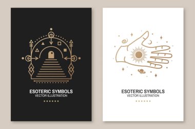 Gold esoteric symbols. Vector. Thin line geometric badge. Outline icon for alchemy or sacred geometry. Mystic, magic design with all-seeing eye, hand, star, gate to another world, moon clipart