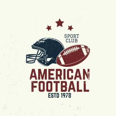 Amerikan futbolu ya da rugby kulübü rozeti. Vektör. Gömlek, logo, baskı, pul, tee, yama. Amerikan futbol topu ve miğfer siluetiyle klasik tipografi tasarımı