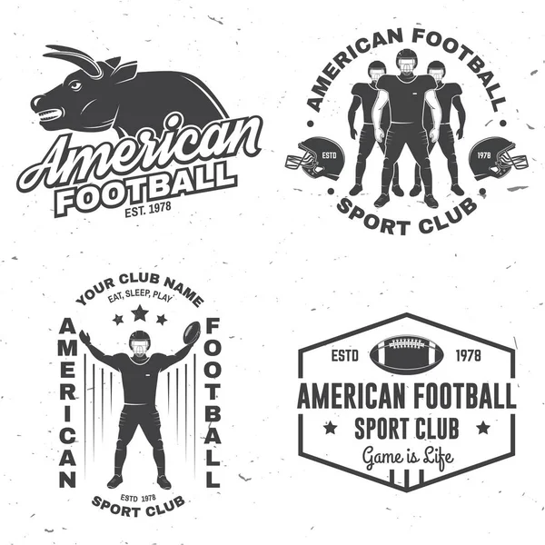 Uppsättning amerikansk fotboll eller rugbyklubba bricka. Vektor för skjorta, logotyp, tryck, stämpel, lapp. Vintage design med tjur, amerikansk fotboll idrottsman spelare, hjälm, boll och axelvaddar silhuett — Stock vektor