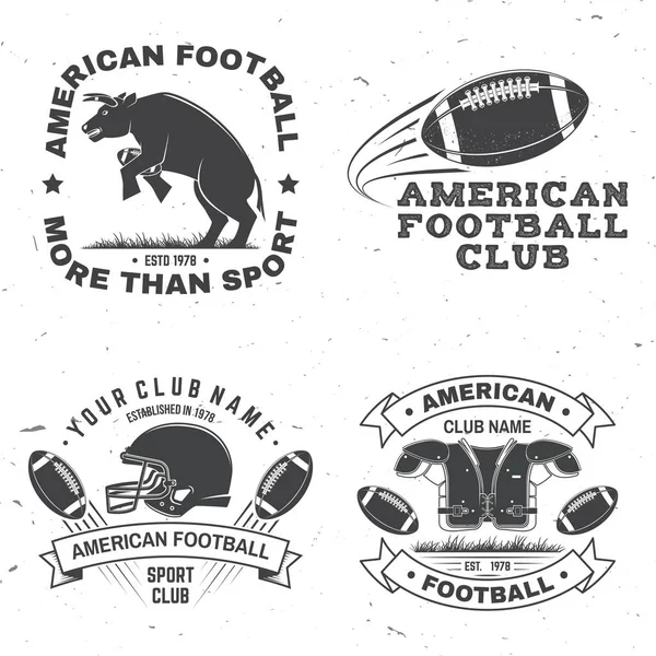 Conjunto de crachá americano de futebol ou rugby club. Vetor para camisa, logotipo, impressão, carimbo, patch. Design vintage com touro, jogador de futebol americano desportista, capacete, bola e ombro almofadas silhueta —  Vetores de Stock